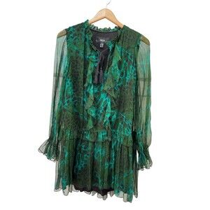 NISSA Tiered Ruffle Mini Dress Flirty Sheer Peacock Lightweight Sz 2 Tie Front